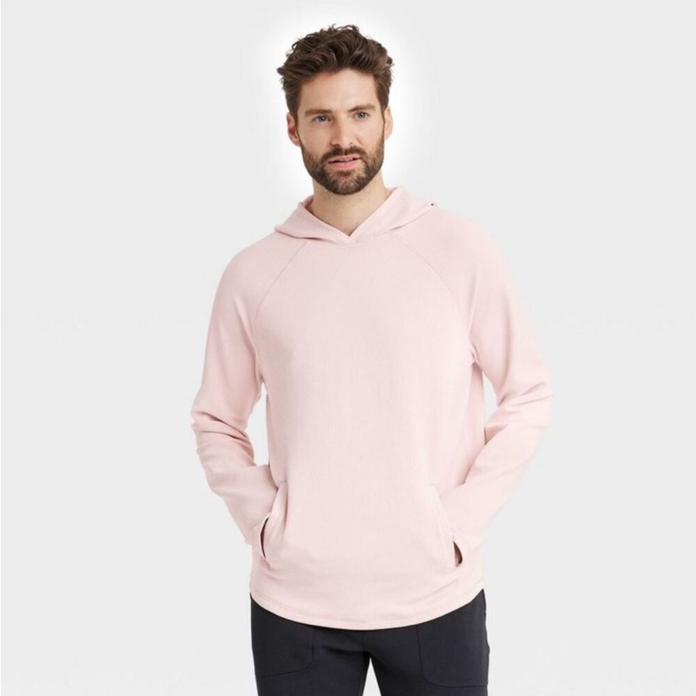 NWT All in Motion Size L Men's Pullover Hooded Waffle Knit Pink